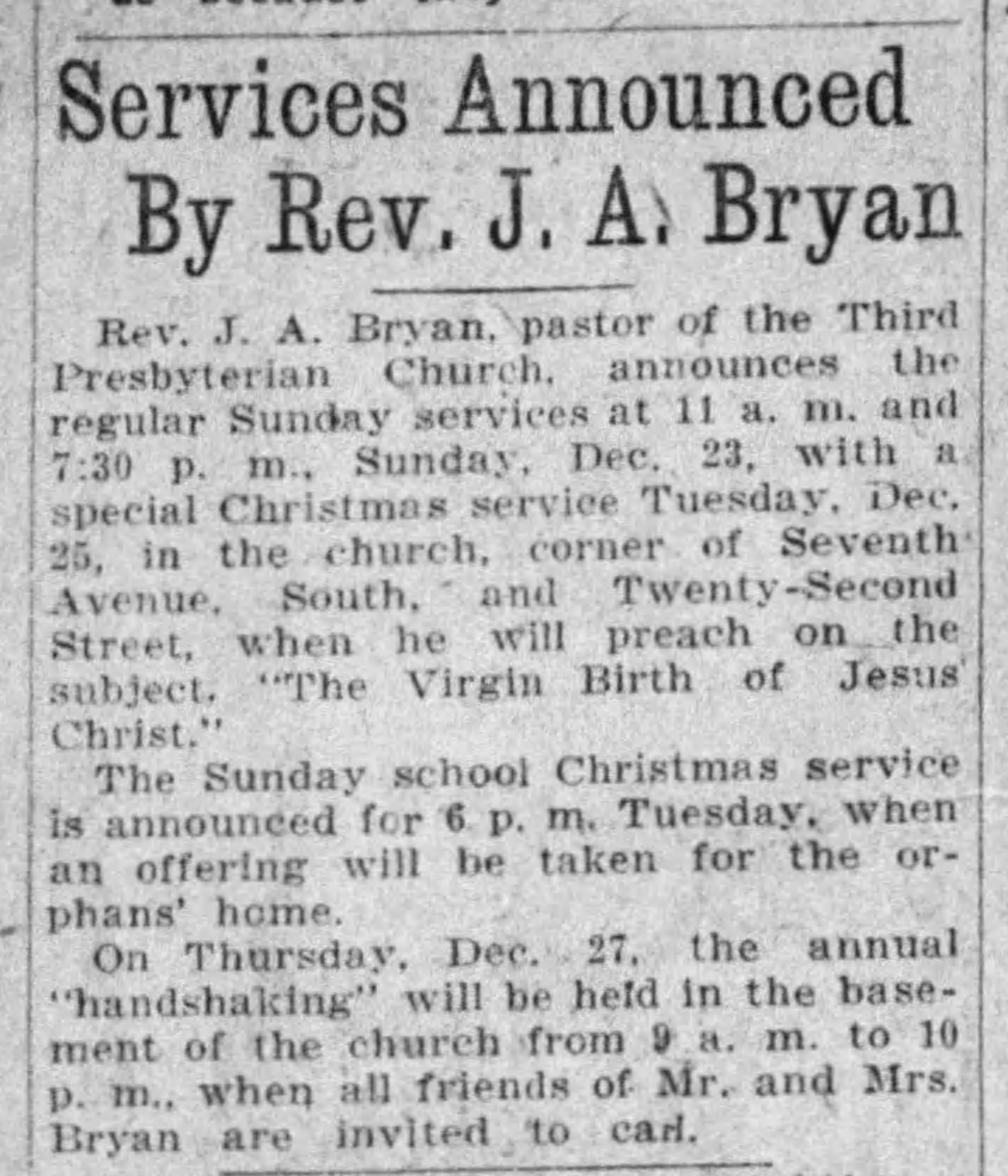 Special Services Announced by Dr. Bryan